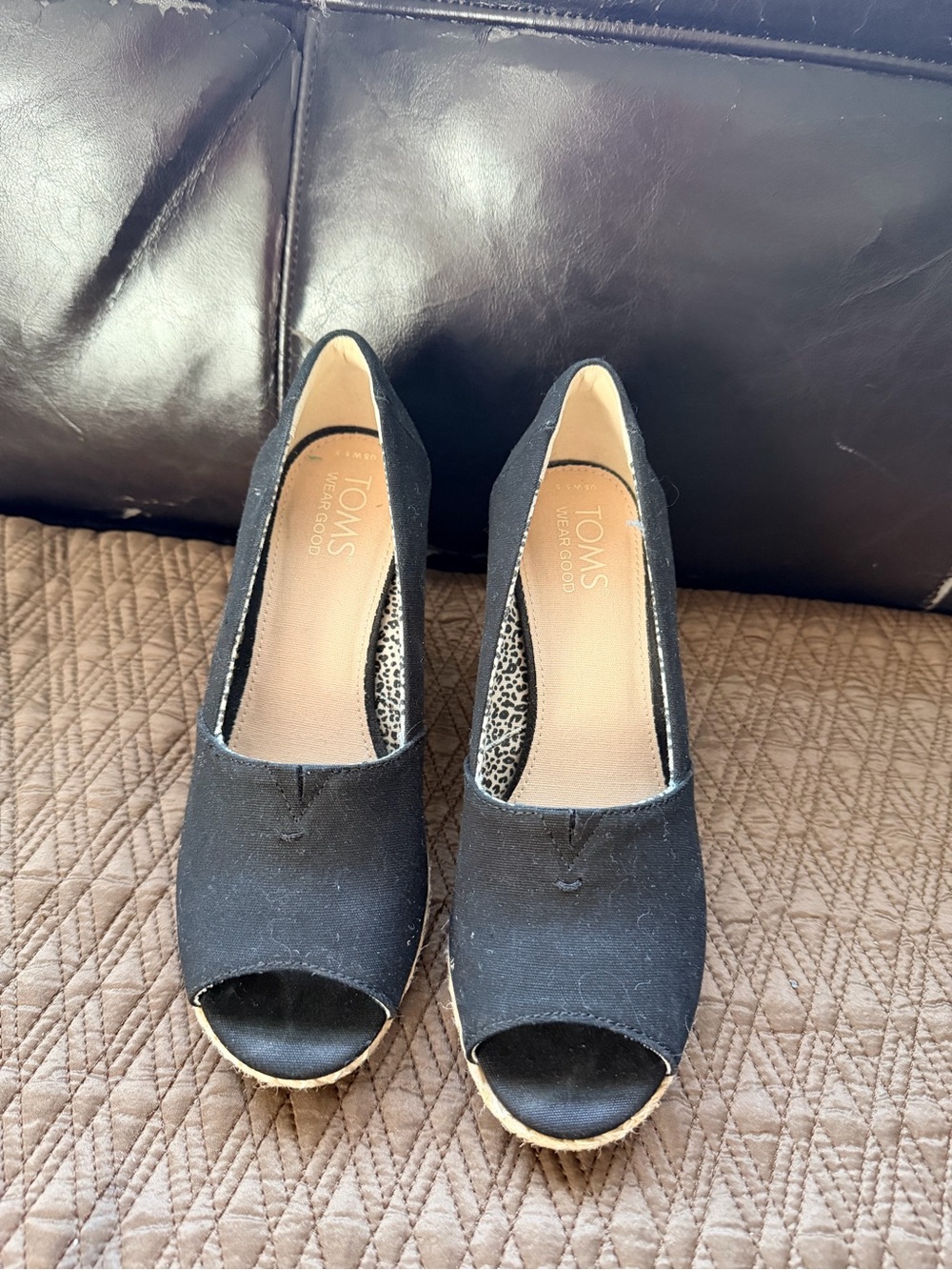 TOMS Black Open-Toe Espadrille Wedge Heels